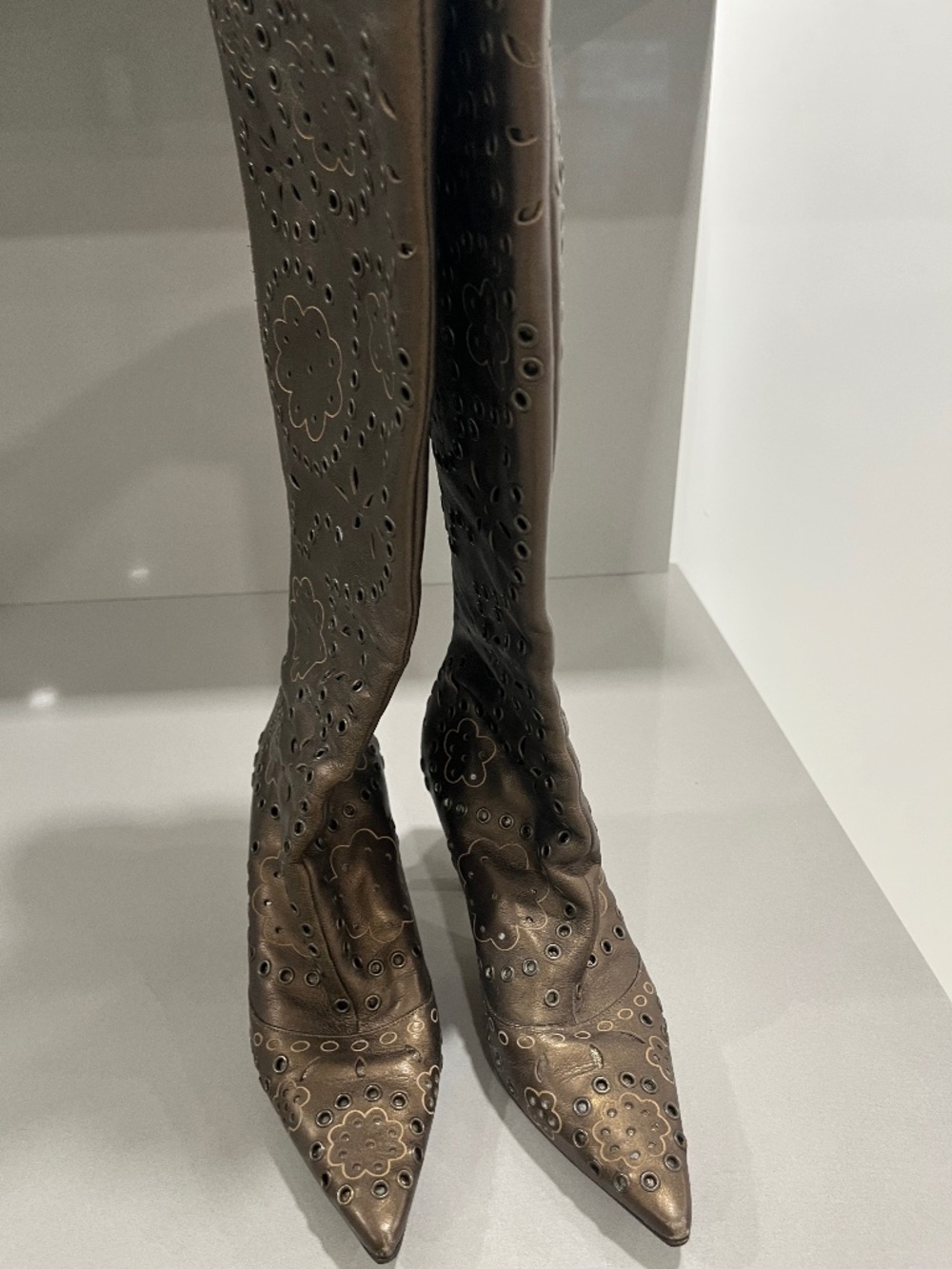 Jimmy Choo Tall Bronze Leather Boots with Floral Design.  Size 37 1/2.